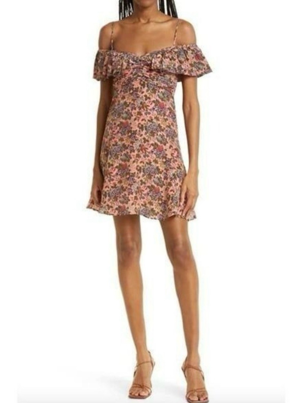 byTimo Floral Ruffle Cold Shoulder Mini Dress Dahlia Medium